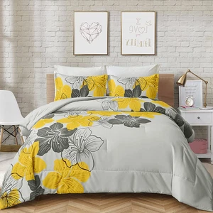 Floral Comforter Set Queen Yellow Floral Pattern Printed on Grey Soft Microfiber - Picture 1 of 7