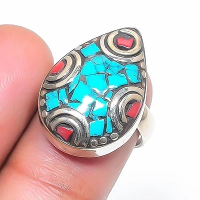 Türkis Koralle Edelstein Verstellbar Ring Tibetisches Silber Nepali Schmuck N... - Bild 1 von 4