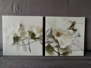 Ikea Set Of 2 Canvas White Flowers Paintings Wall Art Decor 10x10 Elegant Home - Picture 1 of 12