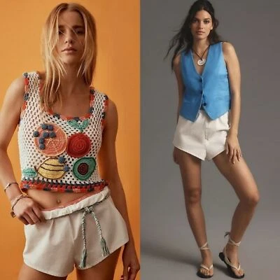 Pantalones Cortos Anthropologie Micro Tap Mezcla Lino Nuevos con Etiquetas en Marfil Talla XL Foto 1 de 4