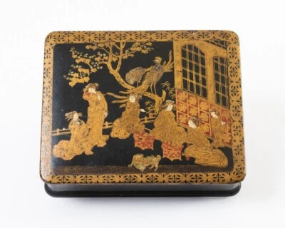 Antique Japanese Gold & Red Painted Black Lacquer Box Meiji Period 7" x 6" - Image 1 of 4