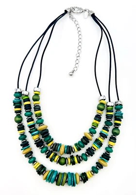 Chico's Layered Three Strand Green Chartreuse Beaded Necklace Black Cord - Image 1 of 4