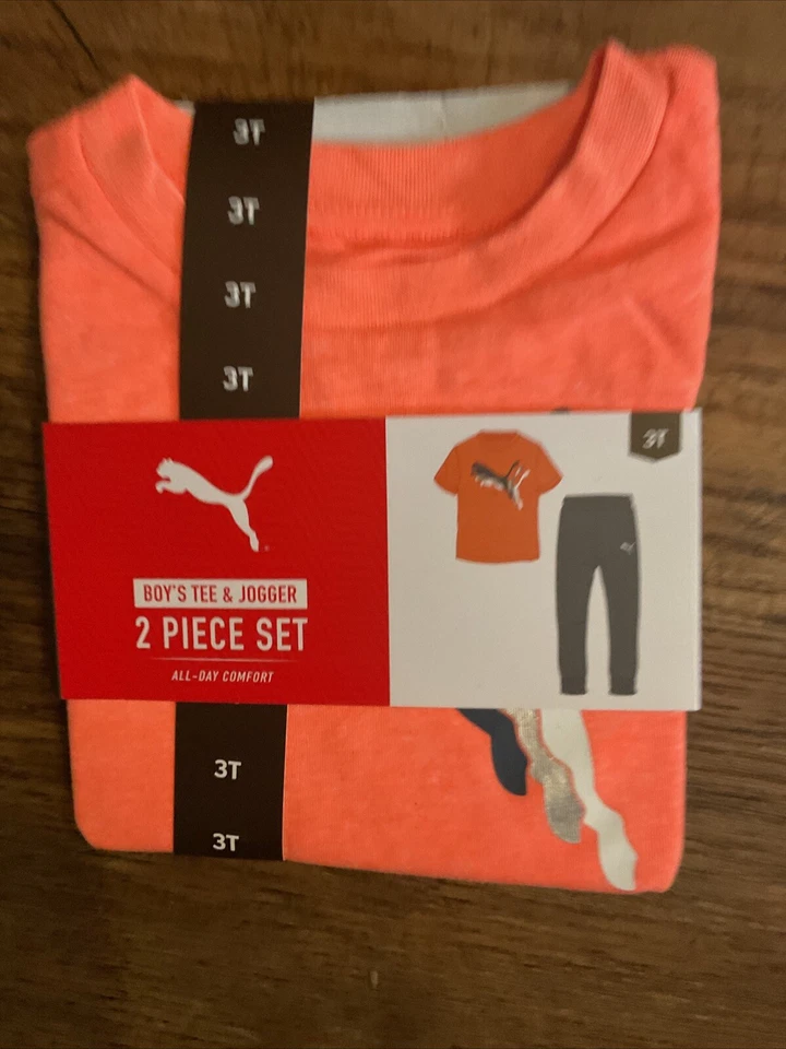 Conjunto de camiseta y jogger Puma naranja/gris manga corta de 2 piezas talla 3T Foto 1 de 2