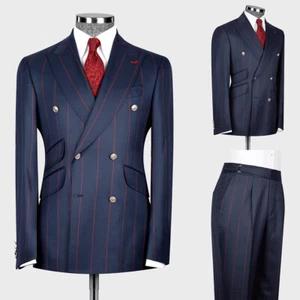Navy Blue Men Suits Striped Double Breasted Regular Wedding Formal Peak Lapel - Picture 1 of 16