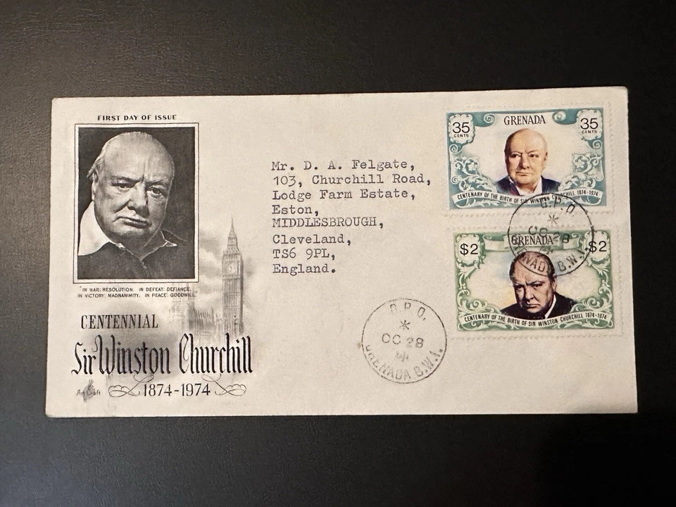 GRENADA FDC CENTENNIAL WINSTON CHURCHILL 1974 TO MIDDLESBROUGH - Image 1 of 2
