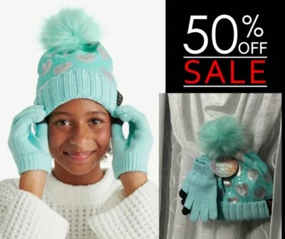 Gorro de lentejuelas Justice Girls con pompón y guantes, conjunto de 2 piezas VERDE NUEVO Foto 1 de 4