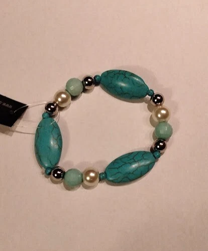 NWT Turquoise Pearl Blue Beaded Elastic Bracelet w/Silver Accents Boho Westerns - Image 1 of 1