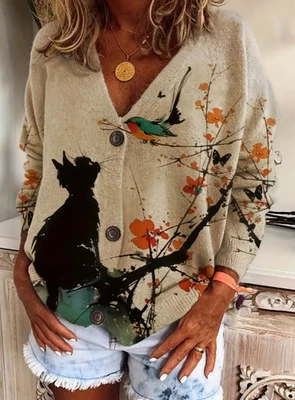 Damen Cardigan mit V-Ausschnitt in Übergröße - Herbst/Winter Weste, Katzenmotiv - Bild 1 von 4