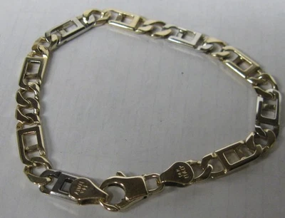 14K SOLID 2 TONE GOLD 7" FIGARO ANCHOR LINK 6mm  BRACELET 11.3 GRAMS  ITALY - Image 1 of 4