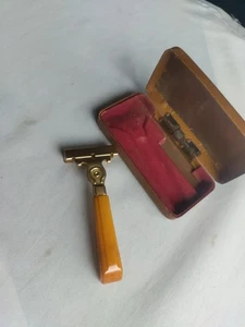 Schick Injector Type E (1935-1945) Caramel Bakelite Hndl Gld Tone w/Originl Case - Picture 1 of 11