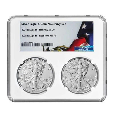 2024-2025 (P) $1 American Silver Eagle Star and Eagle Privy 2pc Set NGC MS70 - Image 1 of 3