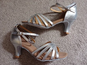 Silver Strappy Latin Ballroom Heeled Shoe With Non-slip Sole - Picture 1 of 7