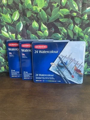 Lot Of 3 Derwent Watercolor 24 Pencil Metal Tin Set - Image 1 of 3