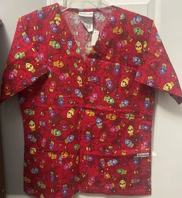UA Scrubs Christmas Lights Bulbs Trees Red Scrub Top Size Small - Image 1 of 4