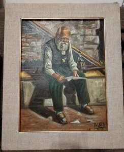 OLIO SU TELA FIRMATO R. LANSI "VECCHIO CON FIASCO SEDUTO" PRIMA META'  XX SEC. - Foto 1 di 5