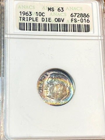 1963 Triple Die Reverse Roosevelt Dime Old ANACS MS63 Best Price on Ebay* CHRC Cover