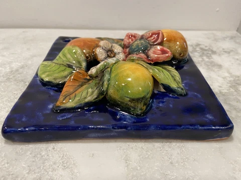 Majolica relief tile 6” SQ Sta Rosa MEXICO 3D Luscious Color Blue Fruit Flowers Cover