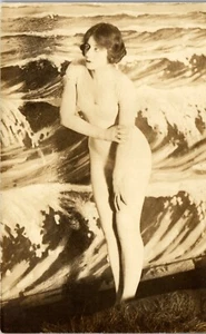 Vintage RPPC Photo Postcard Studio Nude Woman Waves Backdrop  - Picture 1 of 3