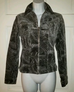 JONES NEW YORK gray Charcoal Paisley Stretch Velvet Cropped Zip Jacket S Petite - Picture 1 of 5