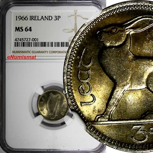 República de Irlanda Cobre-Níquel 1966 3 peniques NGC MS64 KM# 12a (001) - Imagen 1 de 4