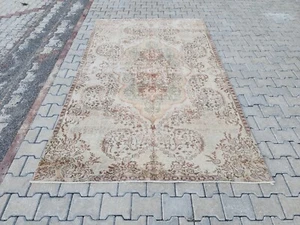 Oushak Rug 6x9, Handmade Beige Rug, Green Medallion Rug, Vintage Turkish Rug - Picture 1 of 11