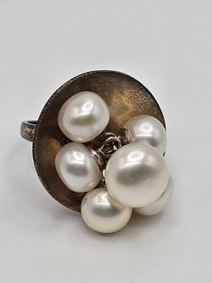 SX Sally C Sterling Silver Dangle Freshwater Pearls Modernist Cocktail Ring Sz 7 - Image 1 of 4