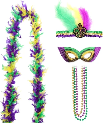 6 Pieces Mardi Gras Costume Accessory Outfit Set Faux Feather Headband Headpiece - Image 1 of 4