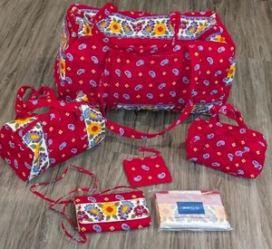 VTG Avon 6 Pc Set Duffle Bag & Travel Weekend Red Paisley Sunflowers Vera Style - Picture 1 of 24