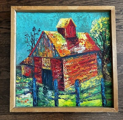 Original Oil Painting Vincent Van Gogh Style 1960’s Barn Farm Building Framed - Image 1 of 3