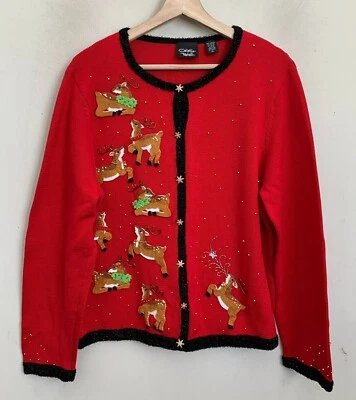 Cárdigan Christina Rotelli Rojo Multi Navidad Tema Reno Cuentas Frontales Talla XL Foto 1 de 4