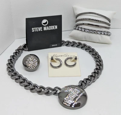 Chunky Gunmetal Rhinestone Necklace Ring Earrings Bracelets Madden Kenneth Cole - Image 1 of 4