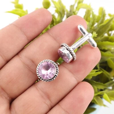 Gemelos hechos a mano de plata de ley 925 con piedras preciosas de morganita natural 0,51" Foto 1 de 4