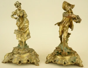 Coppia Sculture Bronzo dorato mercurio Dama damerino dandy Liberty Francia 1900 - Foto 1 di 24