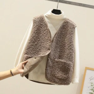 Lady Sherpa Fleece Vest Sleeveless Cardigan Outwear Warm Jacket with Pockets Top - Picture 1 of 10
