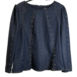 Midnight Velvet Top Sz 18W Blue Denim Gold Tone Studded Business/Casual Blouse - Picture 1 of 11