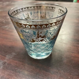 MCM Hazel Atlas Barware Whiskey Old Fashioned Glas Persian Polo Teal Gold - Bild 1 von 8