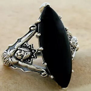 MERMAID RING VICTORIAN STYLE SIMULATED BLACK ONYX 925 STERLING SILVER 579X - Picture 1 of 3