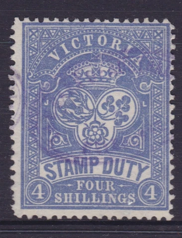 VICTORIA EARLY 4/- SHILLING BLUE STAMP DUTY FINE USED (NG26) Cover