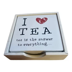 Coaster Set Wooden. “I Love Tea. Tea is the answer to everything….” 11cm / 11cm - Picture 1 of 5