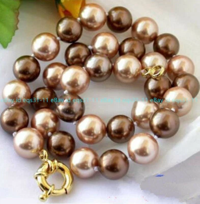 Pretty Genuine 10mm Brown South Sea Shell Pearl Round Beads Necklace 18''  - Image 1 of 4