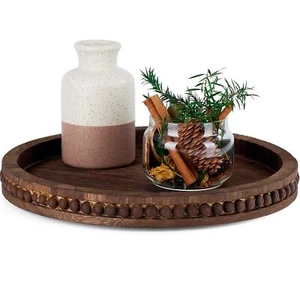 Wooden Serving Decorative Tray Coffee Table Tray With Wood Beaded Farmhouse Roun - Picture 1 of 7