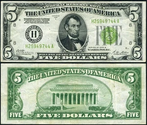 FR. 1952 H $5 1928-B Federal Reserve St. Louis H-A Block LGS VF+ Staple-hole(s) - Picture 1 of 3