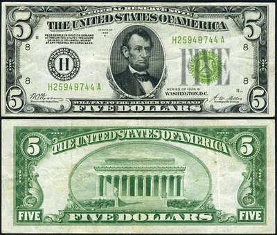 FR. 1952 H $5 1928-B Federal Reserve St. Louis H-A Block LGS VF+ Staple-hole(s) - Image 1 of 3