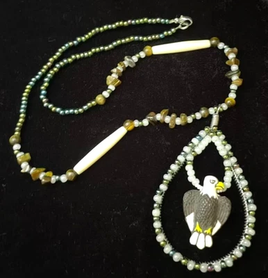 Native American Style Beaded Necklace Carved Bald Eagle Pendant Handmade VTG 22" - Image 1 of 4