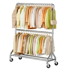 Perchero de 50"" W de alta resistencia para colgar ropa plateada doble varilla - Imagen 1 de 8