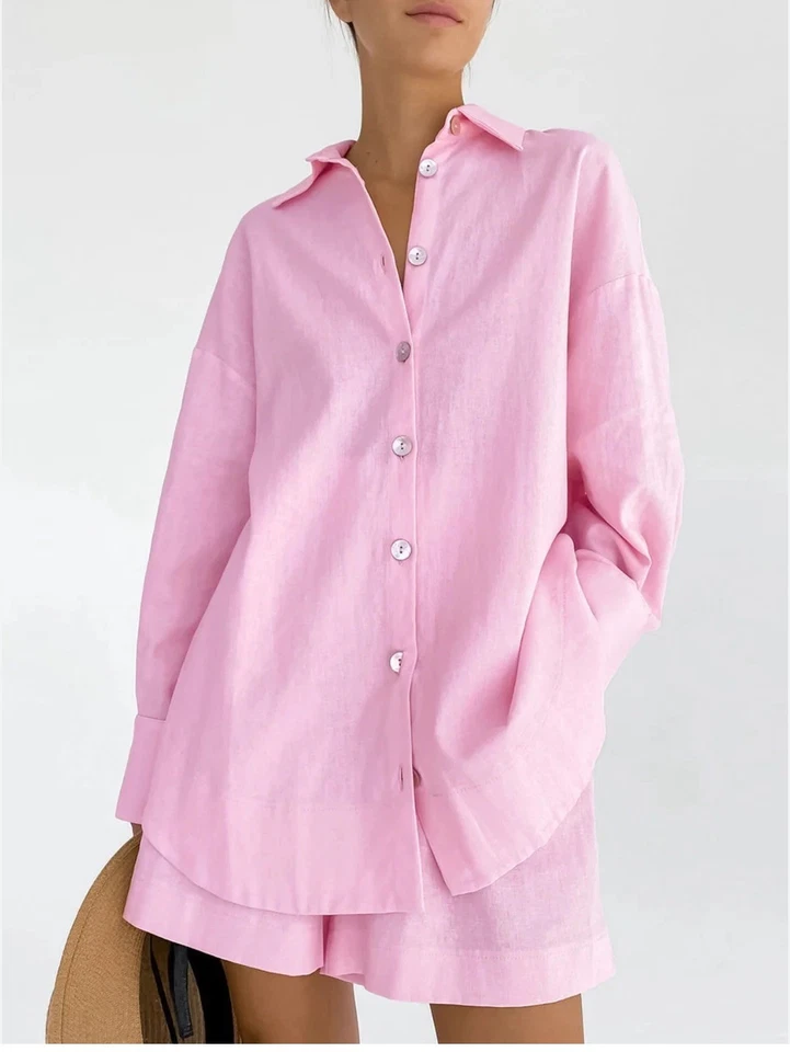 Camisa Bloomingdales Rosa 100% Lino Abotonada Manga Larga Bolsillos Talla XL  Foto 1 de 4