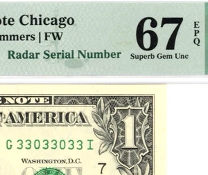 BINARY RADAR # 33033033 Fancy serial # graded PMG 67 EPQ $1 series 1999 non star - Picture 1 of 3