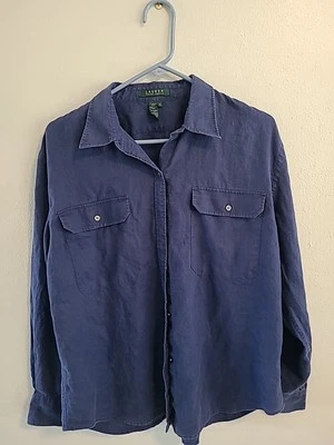 Camisa abotonada de lino Lauren Ralph Lauren para mujer XL manga larga bolsillo azul Foto 1 de 4
