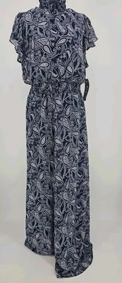 Mono MSK Para Mujer Pierna Ancha XL Azul Floral Gasa Manga Acampanada Cuello Calado Foto 1 de 4