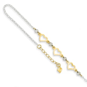 14k Two-Tone Gold Triple Heart and Bead Adjustable Anklet, 9 Inch - Picture 1 of 5